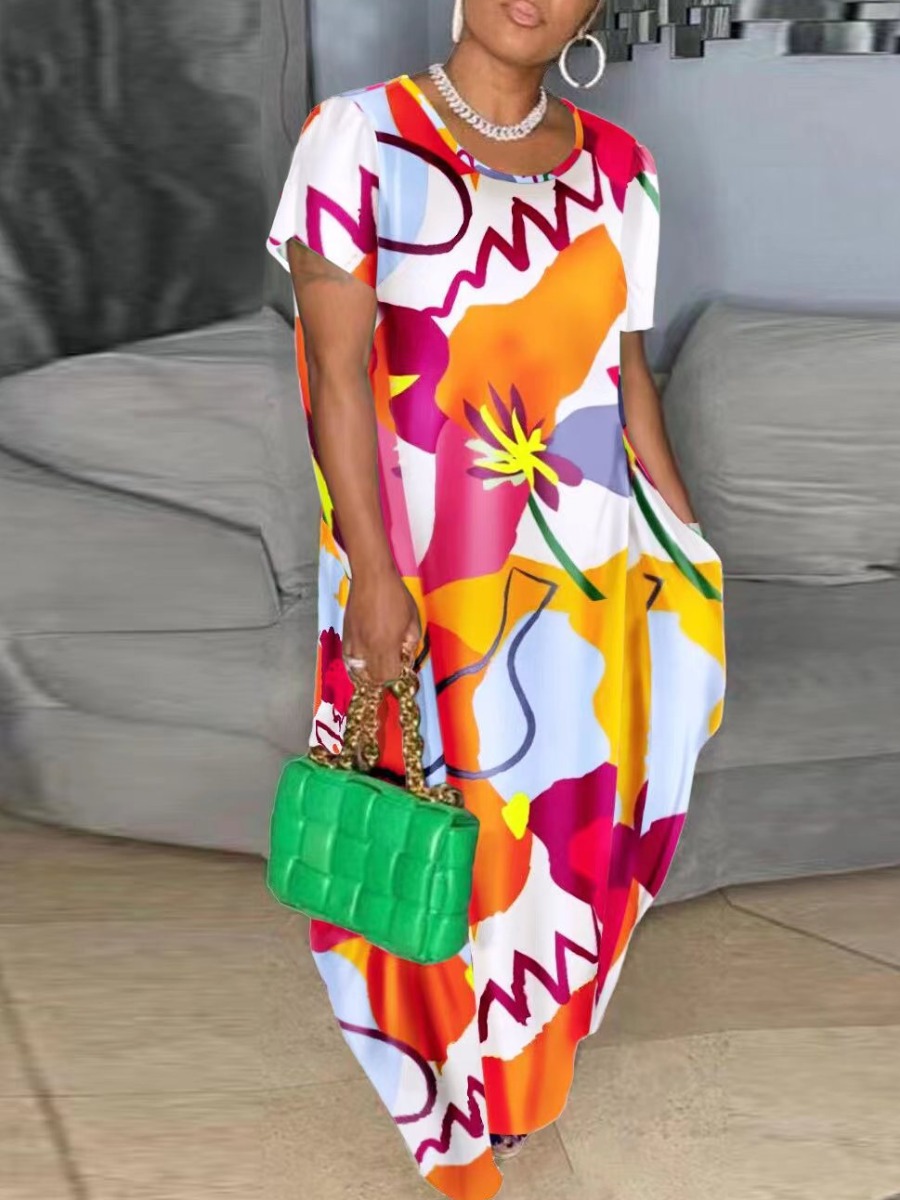 LW Plus Size Mixed Print Pocket Design Loose Dress
