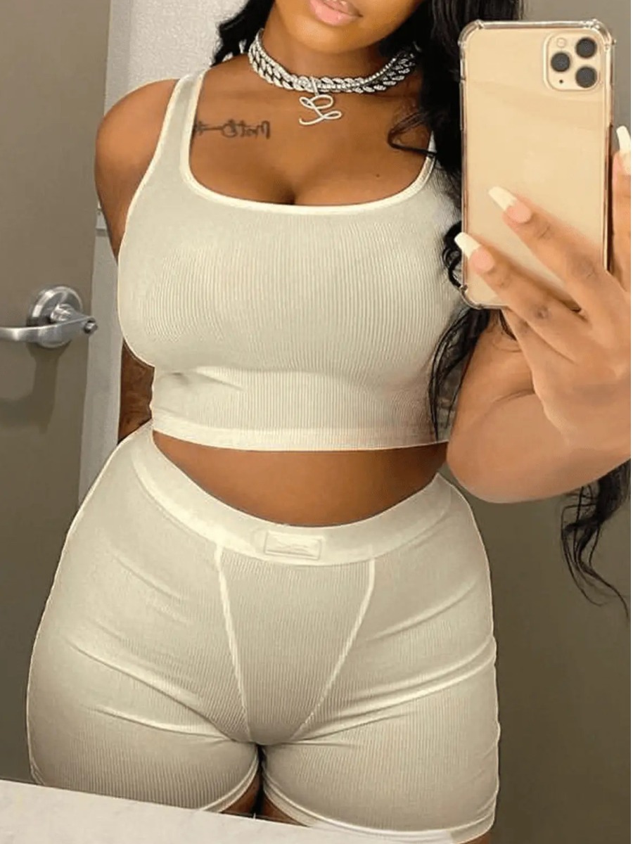 LW BASICS Crop Top Rib Knit Skinny Shorts Set