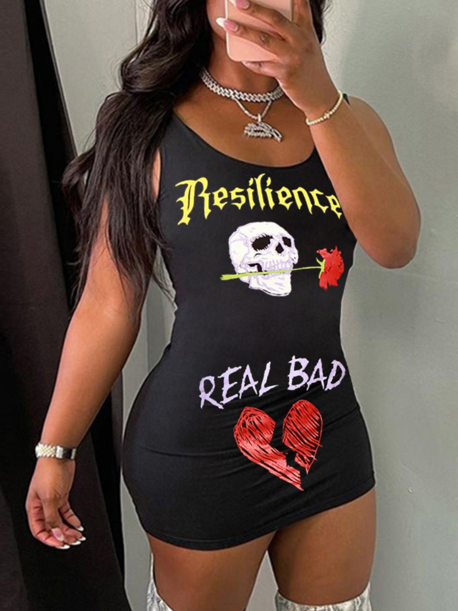 LovelyWholesale Skull Head Floral Letter Print Cami Dress Summer Sleeveless Casual Pattern Round Neck Spring Summer 2024