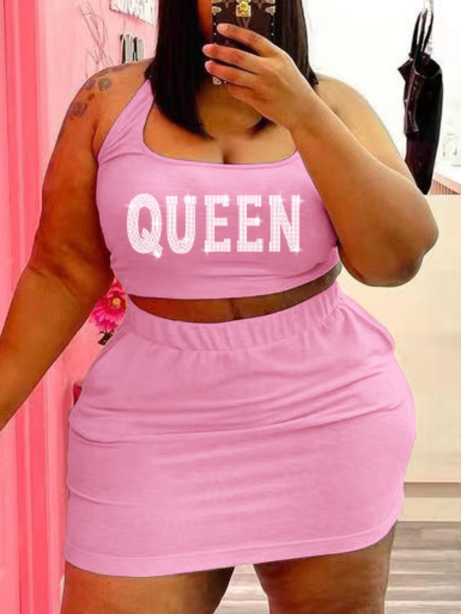 LW Plus Size Rhinestone Queen Letter Skirt Set