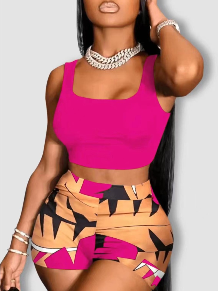 LW Crop Top Geometric Print Shorts Set
