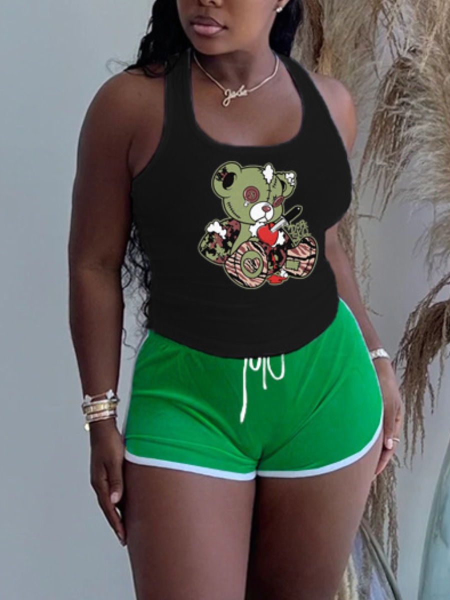 LW Bear Cami Cartoon Print Drawstring Shorts Set