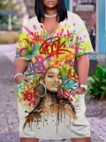 LW Plus Size Graffiti Figure Print Pocket Design Dress
