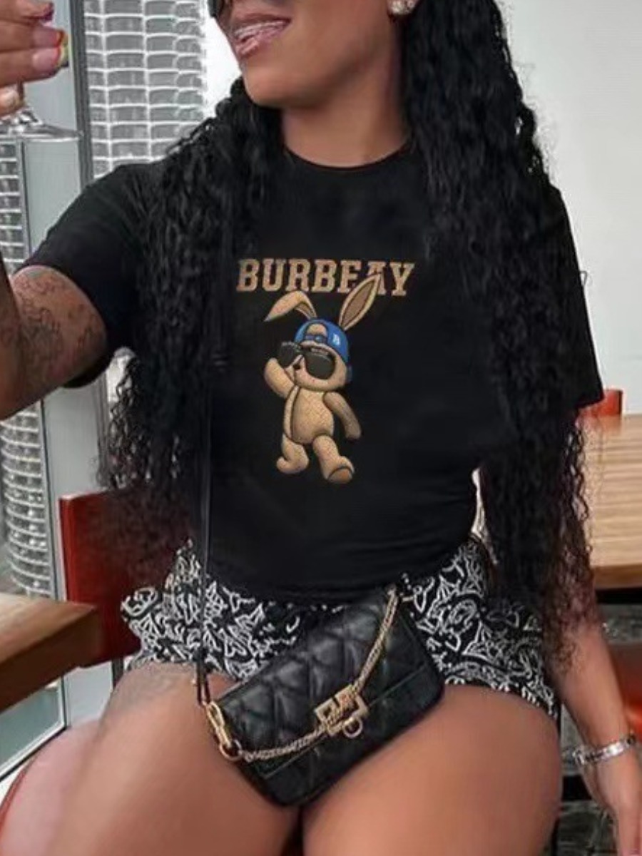 LovelyWholesale COTTON Cartoon Letter Print T-shirt Summer Short Sleeve Casual Pattern Round Neck Spring Summer 2024