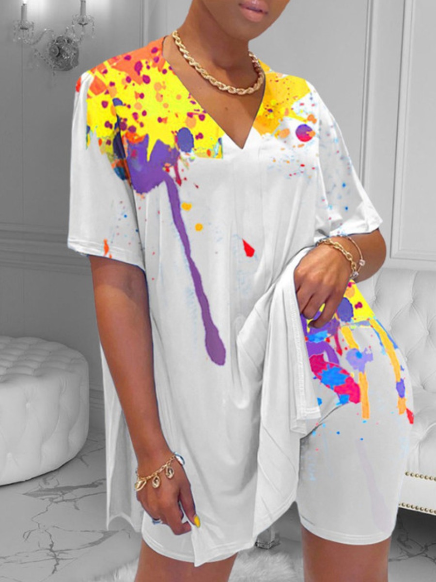 LW Plus Size Splash Ink Design Side Split Shorts Set
