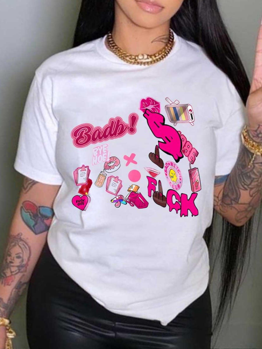 LovelyWholesale Heart Letter Print T-shirt Summer Short Sleeve Casual Pattern Round Neck Spring Summer 2024