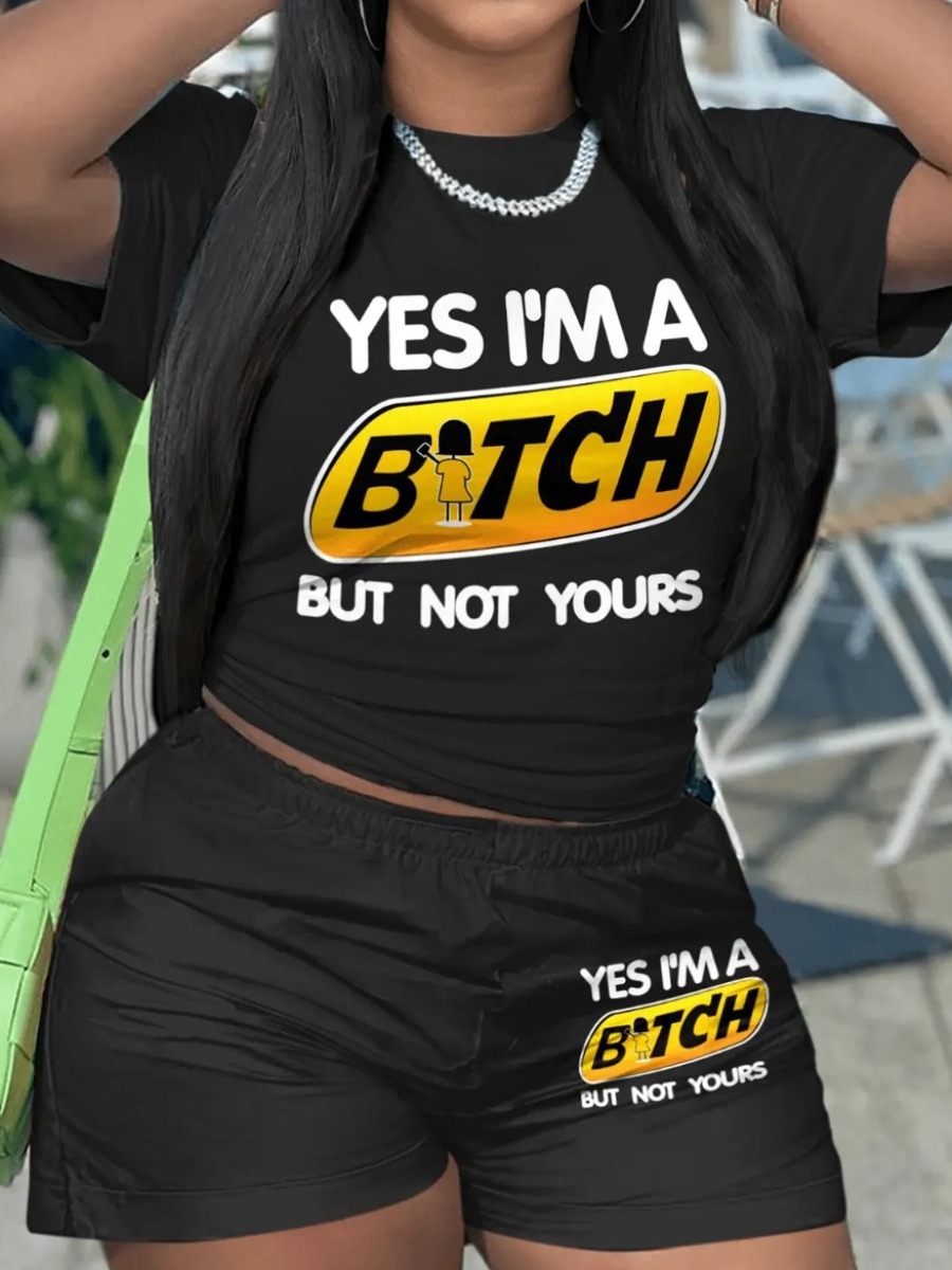 LovelyWholesale Plus Size Letter Print Patchwork Shorts Set Summer Short Sleeve Casual Round Neck  5X Spring Summer 2024