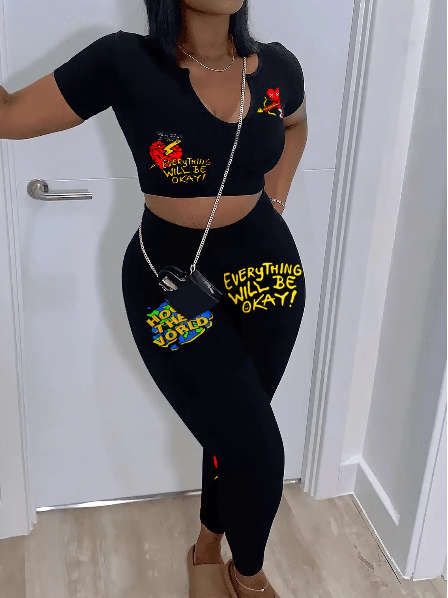 LW Crop Top Cartoon Letter Print Pants Set