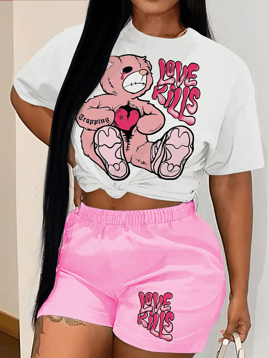 LW Plus Size Teddy Bear Letter Print Shorts Set