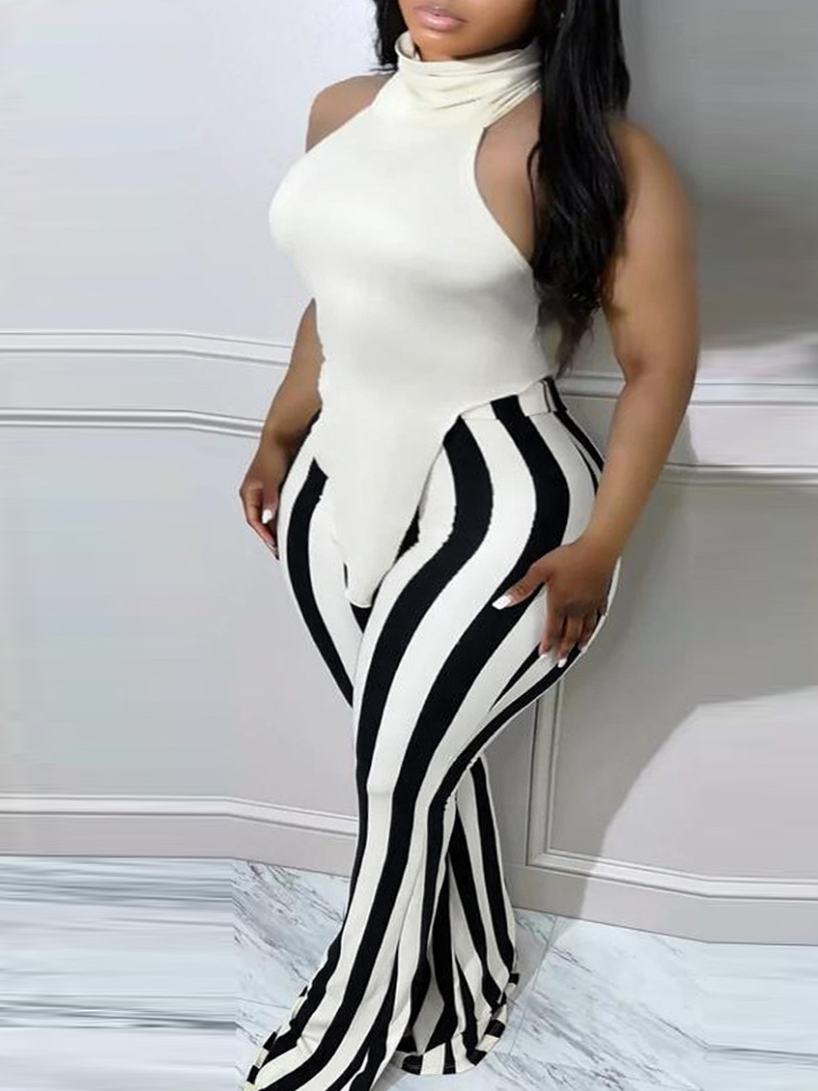 LW SXY Plus Size Backless Striped Flared Pants Set