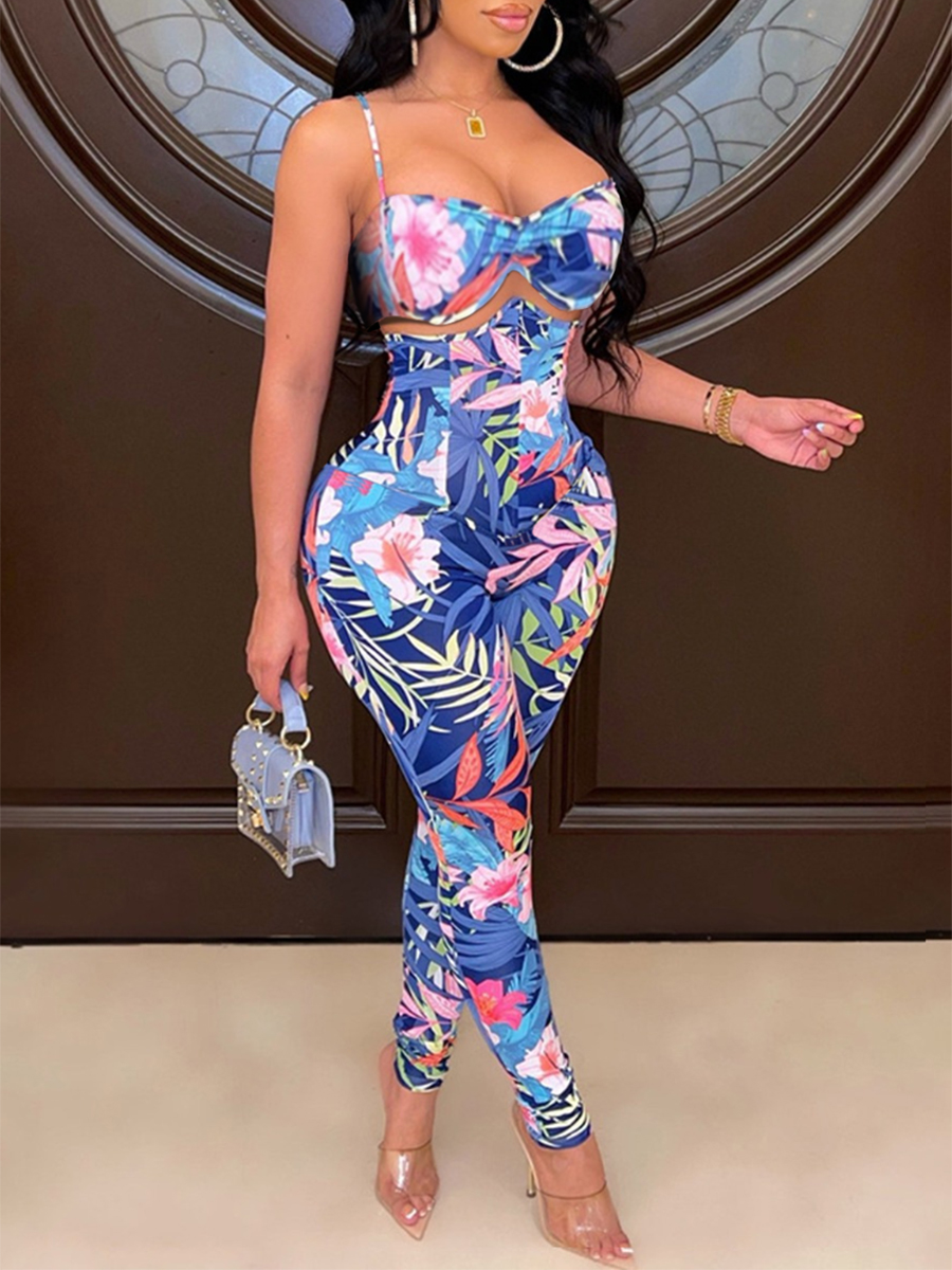 LW SXY Plus Size Cami Floral Print High Waist Pants Set
