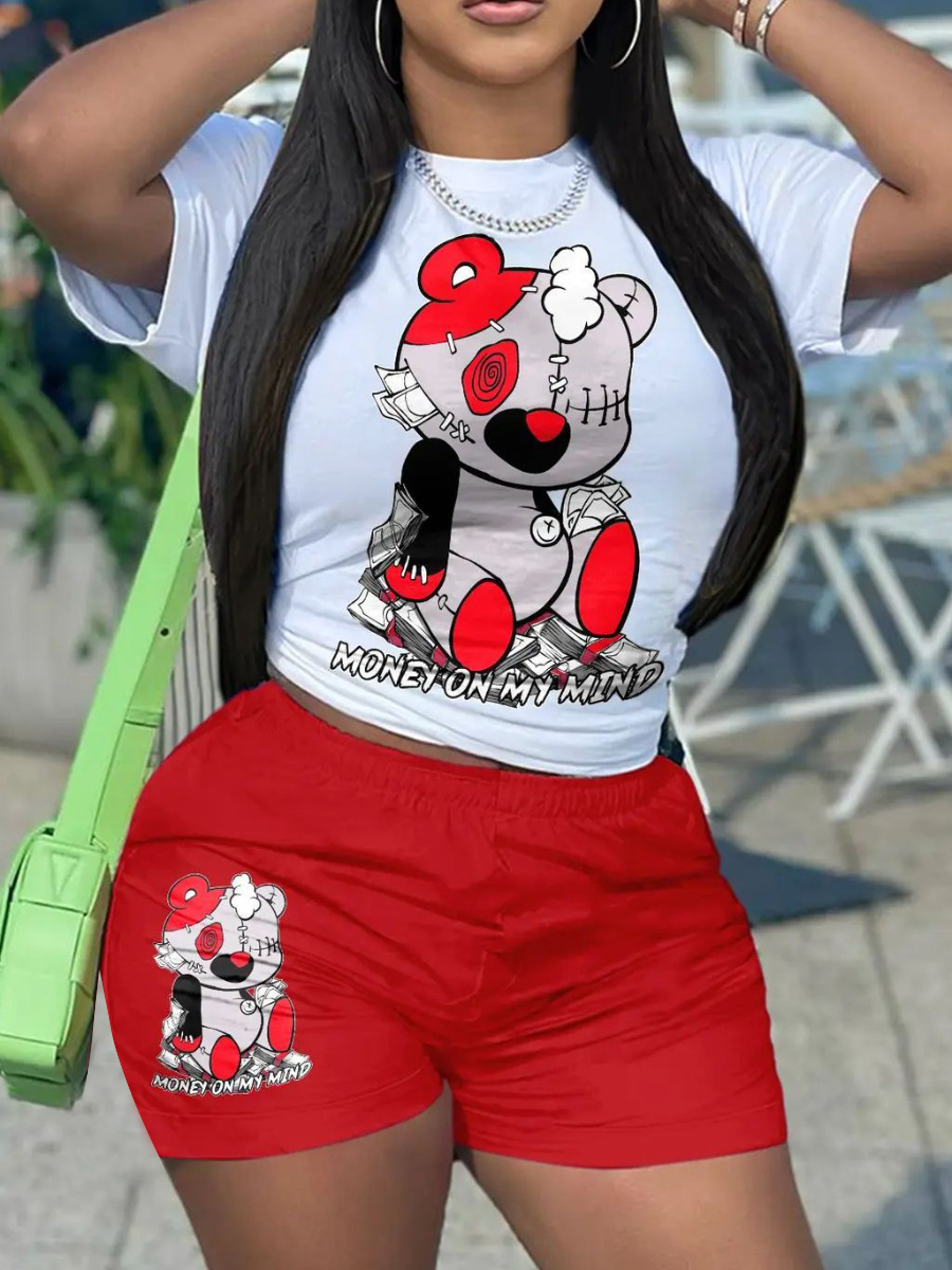 LW Bear Cartoon Letter Print Shorts Set