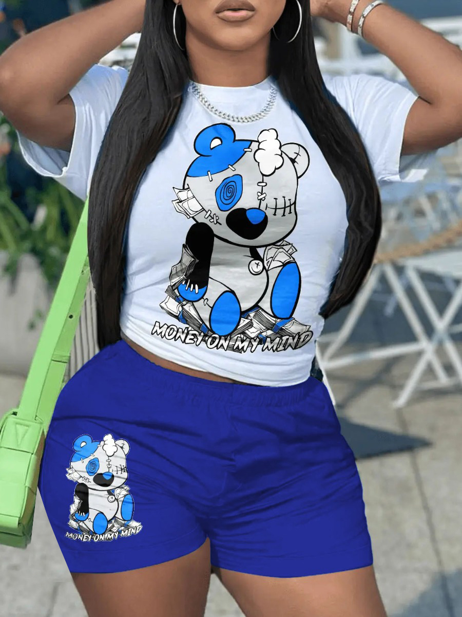 LW Bear Cartoon Money On My Mind Print Shorts Set