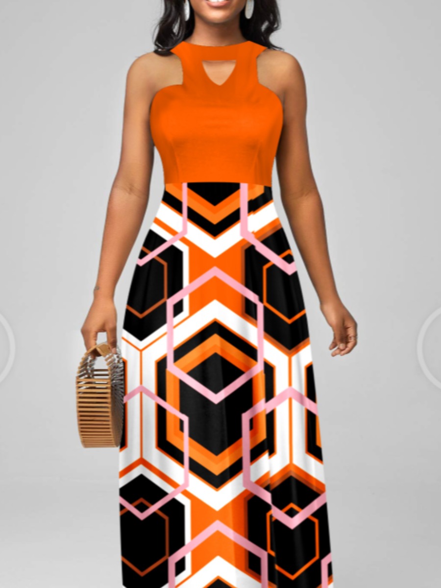 LW Geometric Print Cut Out A Line Dress