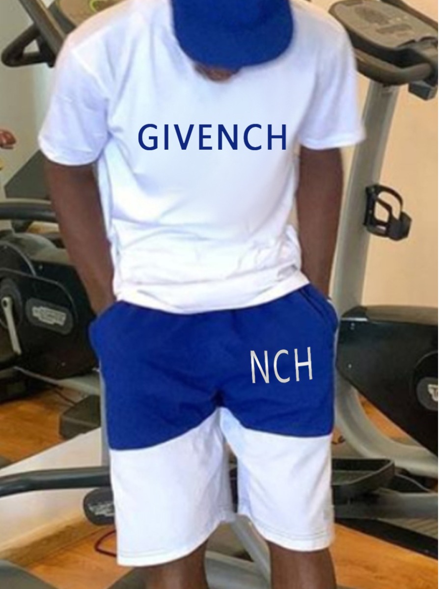 LovelyWholesale Men Letter Print Drawstring Shorts Set Summer Short Sleeve Casual Spring Summer 2024