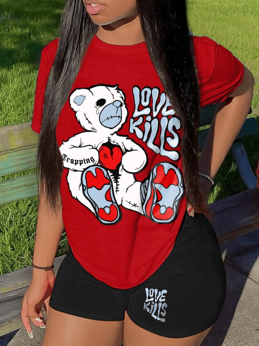 LovelyWholesale Teddy Bear Love Letter Print Shorts Set Summer Short Sleeve Daily Animal Print Round Neck Spring Summer 2024