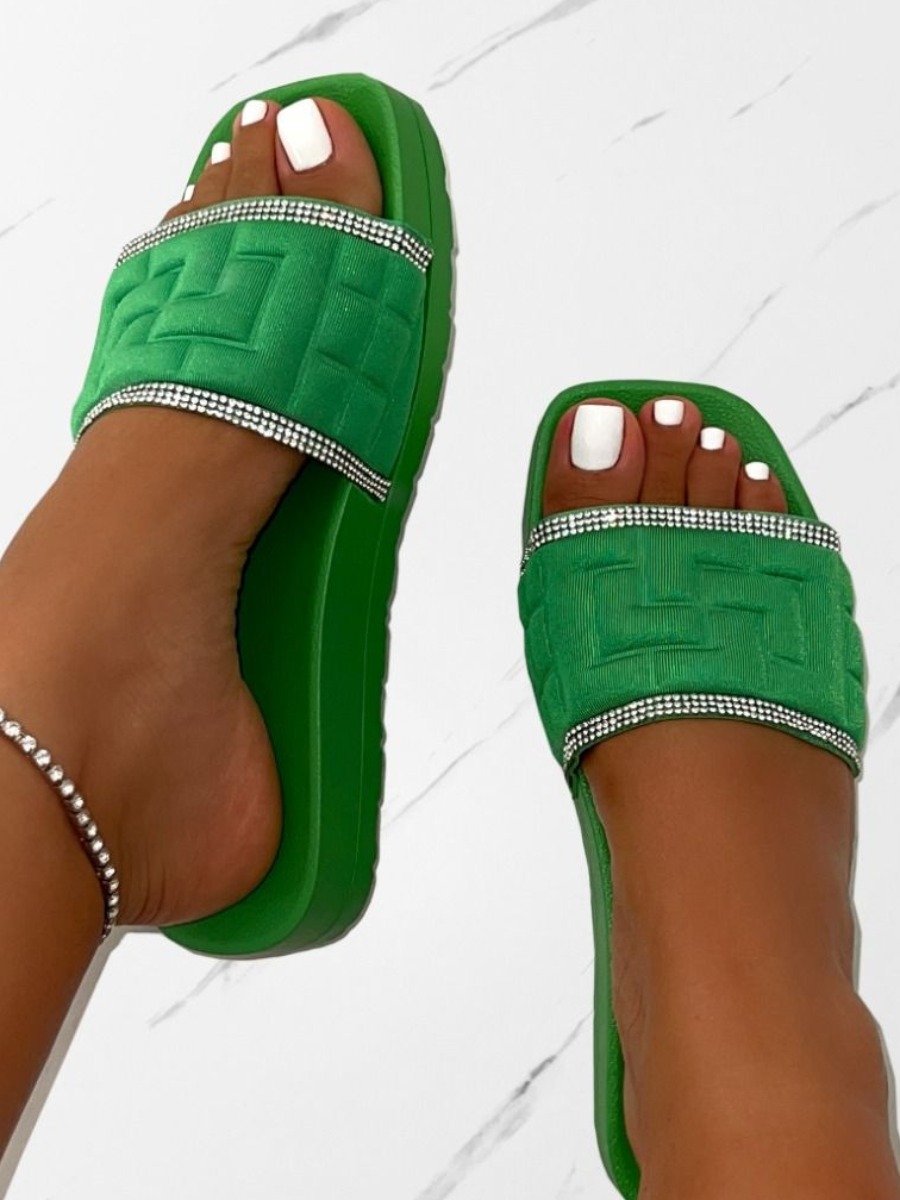 LW Rhinestone Decor Platform Slides