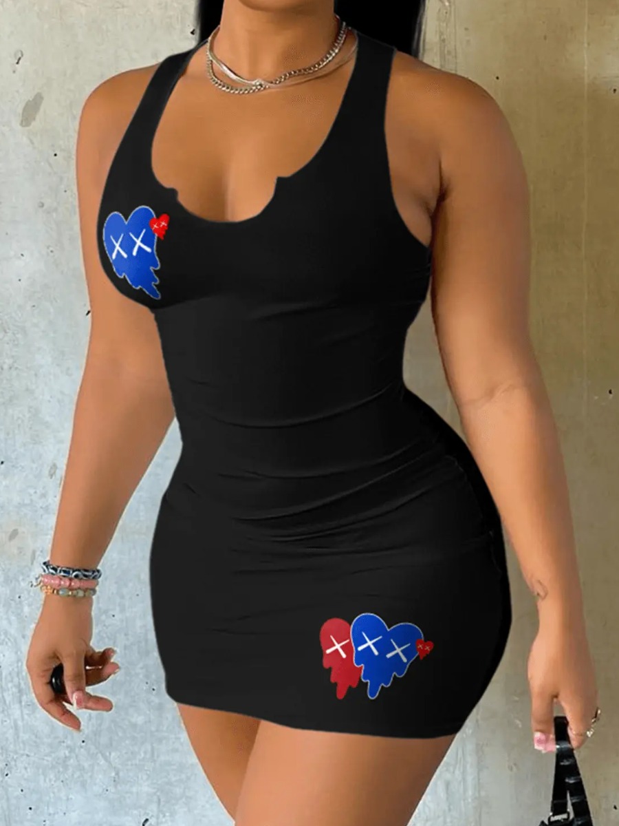 LovelyWholesale Heart Print Bodycon Cami Dress Summer Sleeveless Casual Pattern V Neck Spring Summer 2024