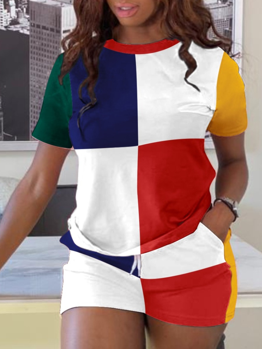 LW Plus Size Color Lump Patchwork Drawstring Shorts Set