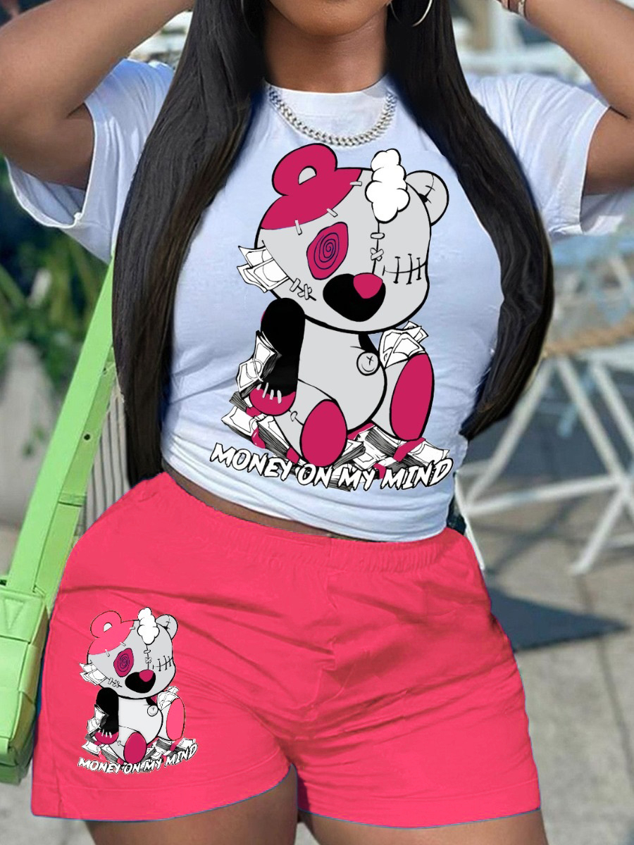 LovelyWholesale Cartoon Letter Print Shorts Set Summer Short Sleeve Casual Pattern Round Neck Spring Summer 2024