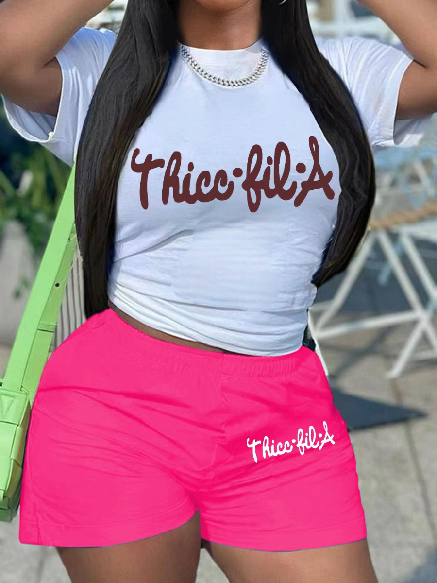 LovelyWholesale Plus Size Letter Print Skinny Shorts Set Summer Short Sleeve Casual Round Neck  5X Spring Summer 2024