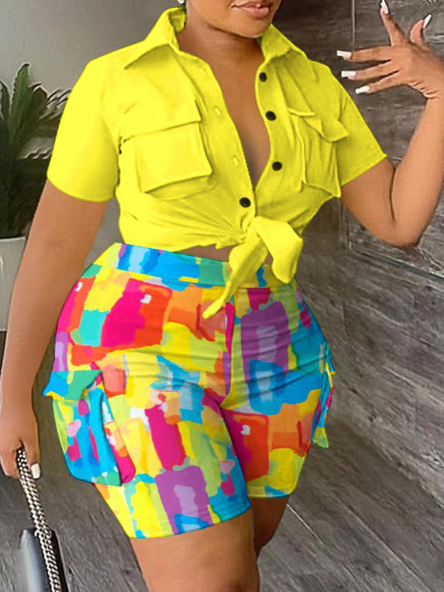 LW Plus Size Melting Colors All Over Print Side Pocket Shorts Set