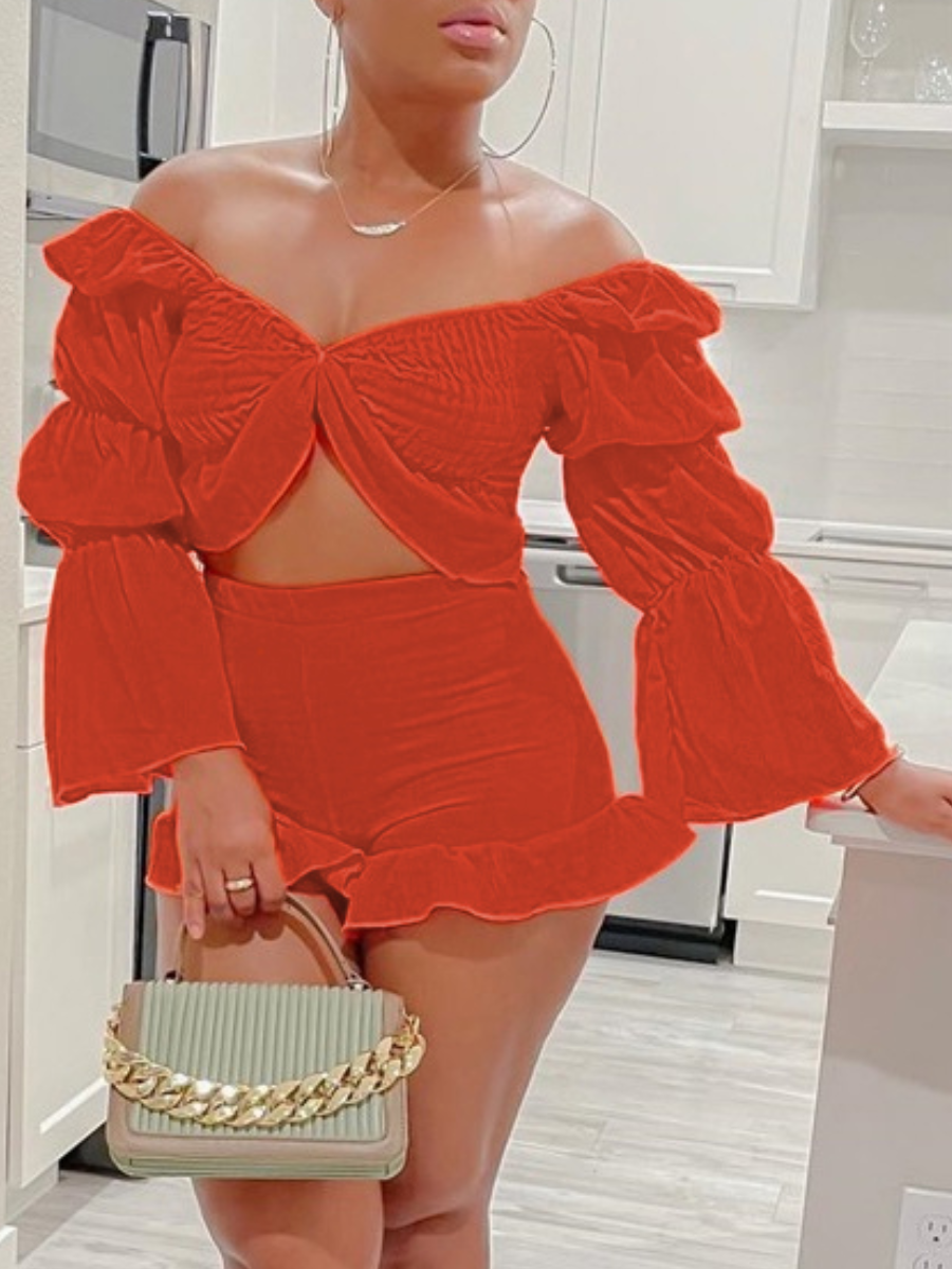 LW Off The Shoulder Ruffle Design Shorts Set