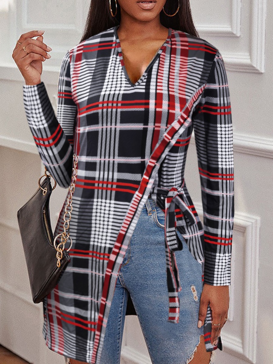 LW BASICS V Neck Plaid Print Side Split T-shirt