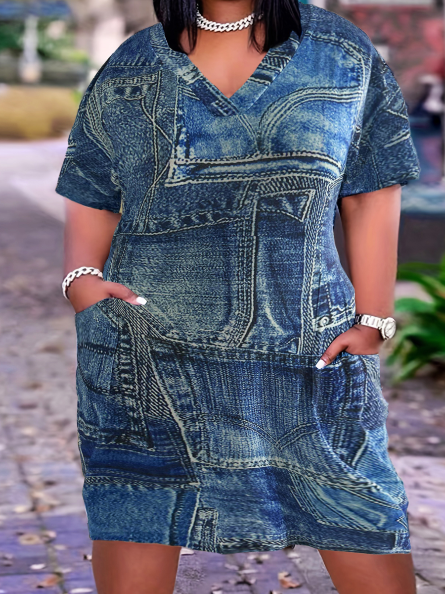 LovelyWholesale Plus Size Imitation Denim V Neck Pocket Design Dress Summer Short Sleeve Casual Pocket Design V Neck  2X Spring Summer 2024