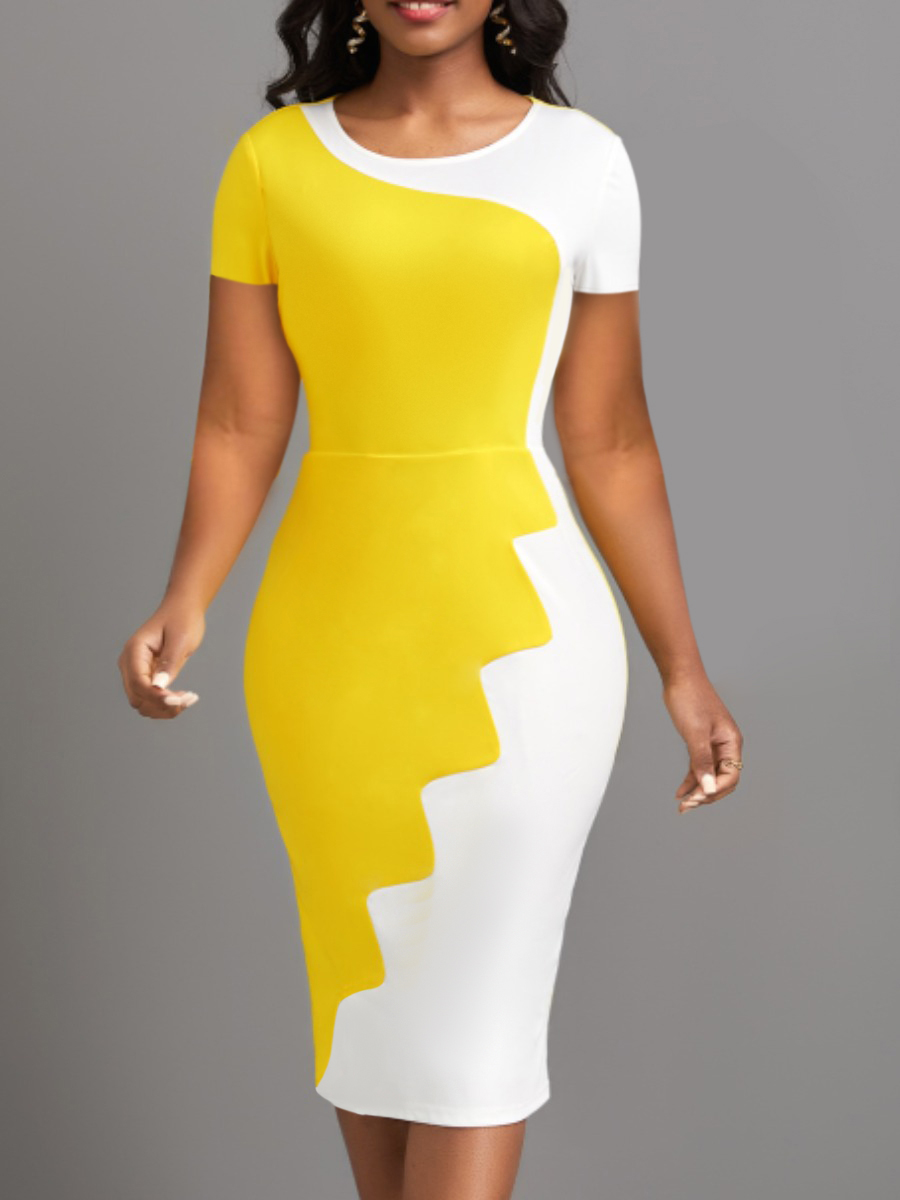 LovelyWholesale Color Lump Patchwork Bodycon Dress Summer Short Sleeve Elegant Round Neck Spring Summer 2024