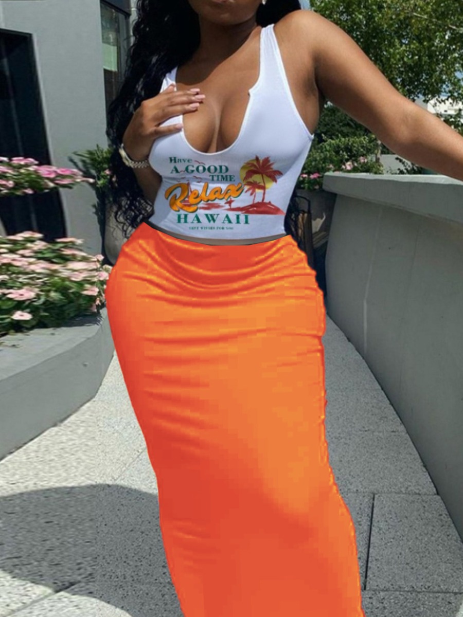 LovelyWholesale Cami Letter Print Skirt Set Summer Sleeveless Casual Vests Collarless Spring Summer 2024