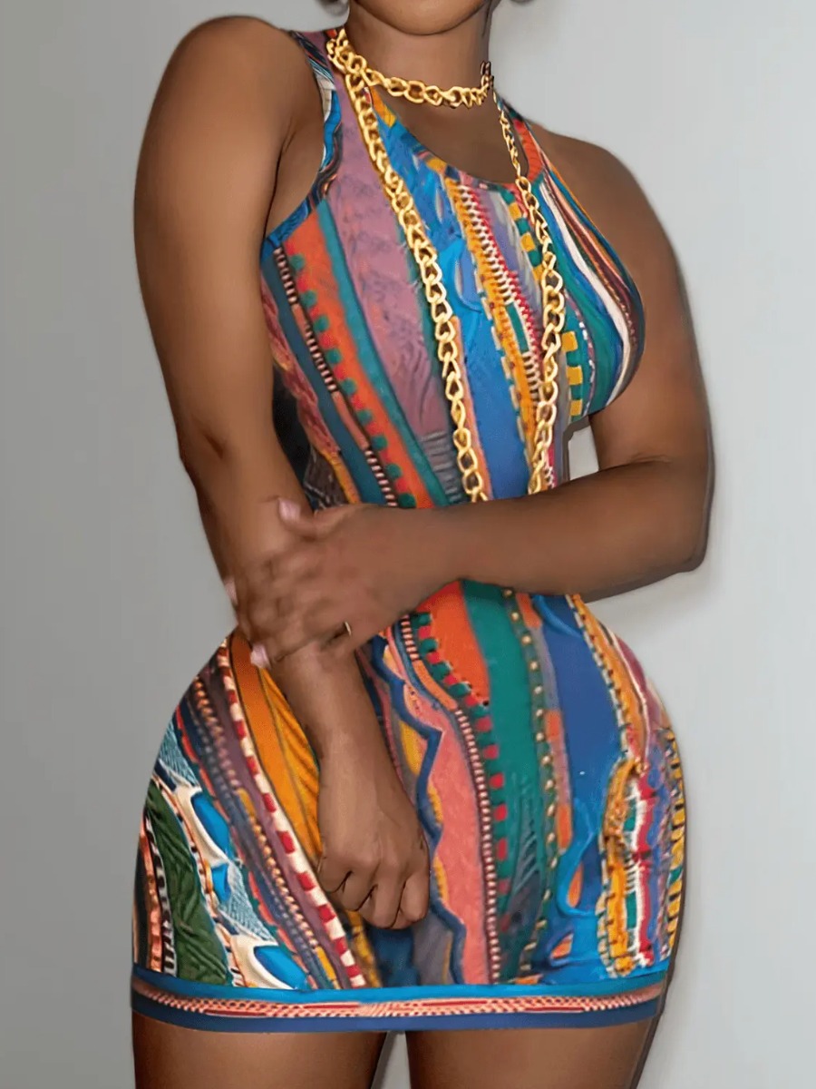 LovelyWholesale Mixed Print Bodycon Cami Dress Summer Sleeveless Vacation None U Neck Spring Summer 2024