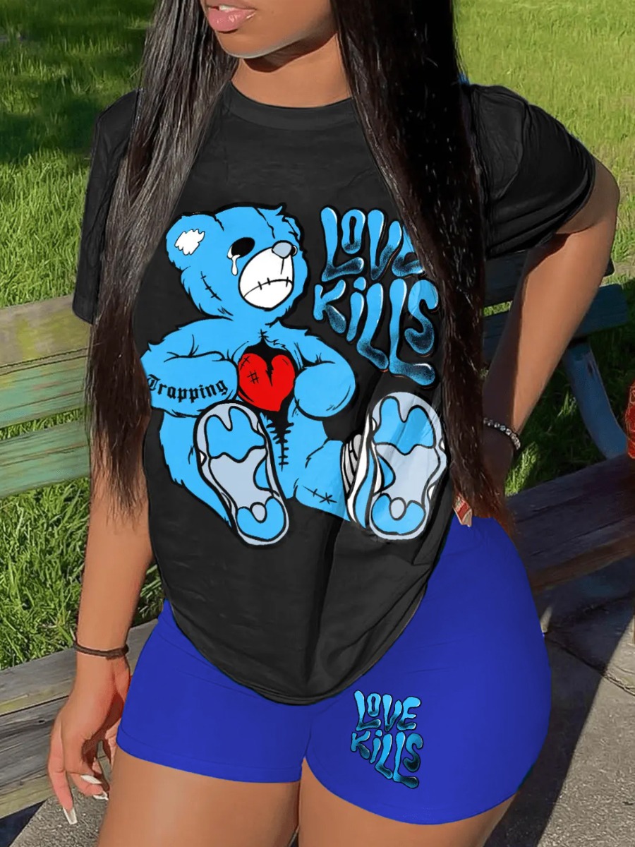 LW Plus Size Teddy Bear Cartoon Letter Print Shorts Set