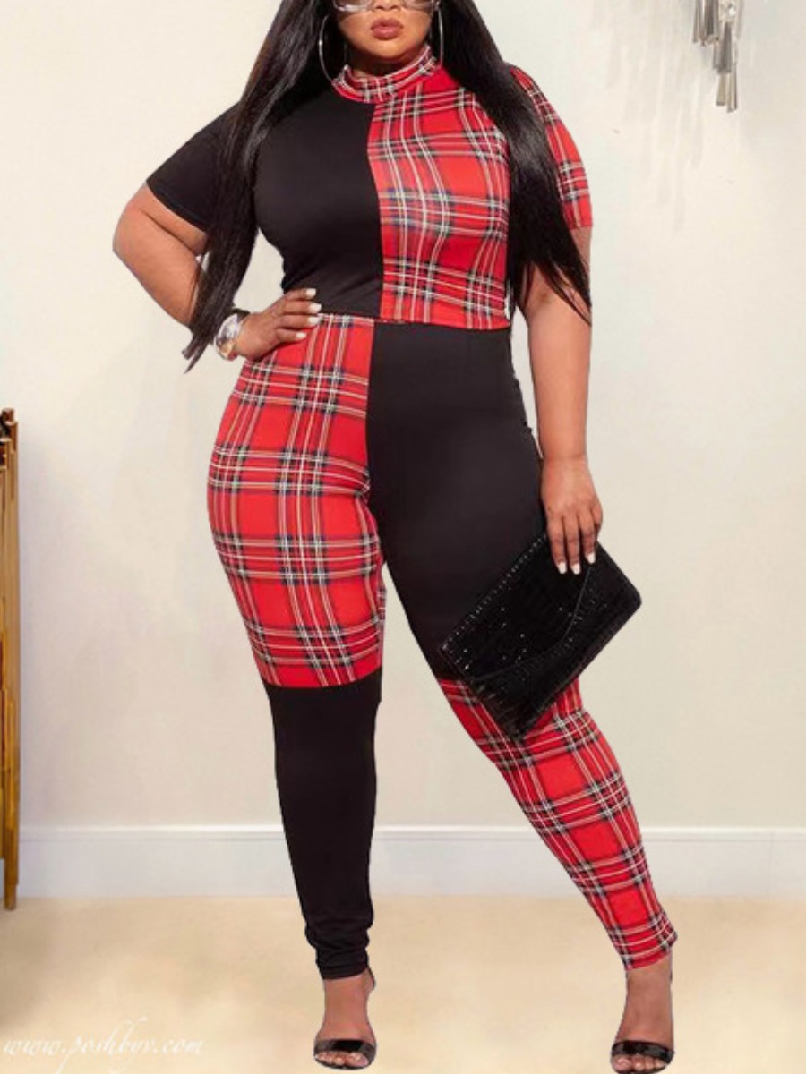 LW Plus Size Plaid Print Skinny High Waist Pants Set