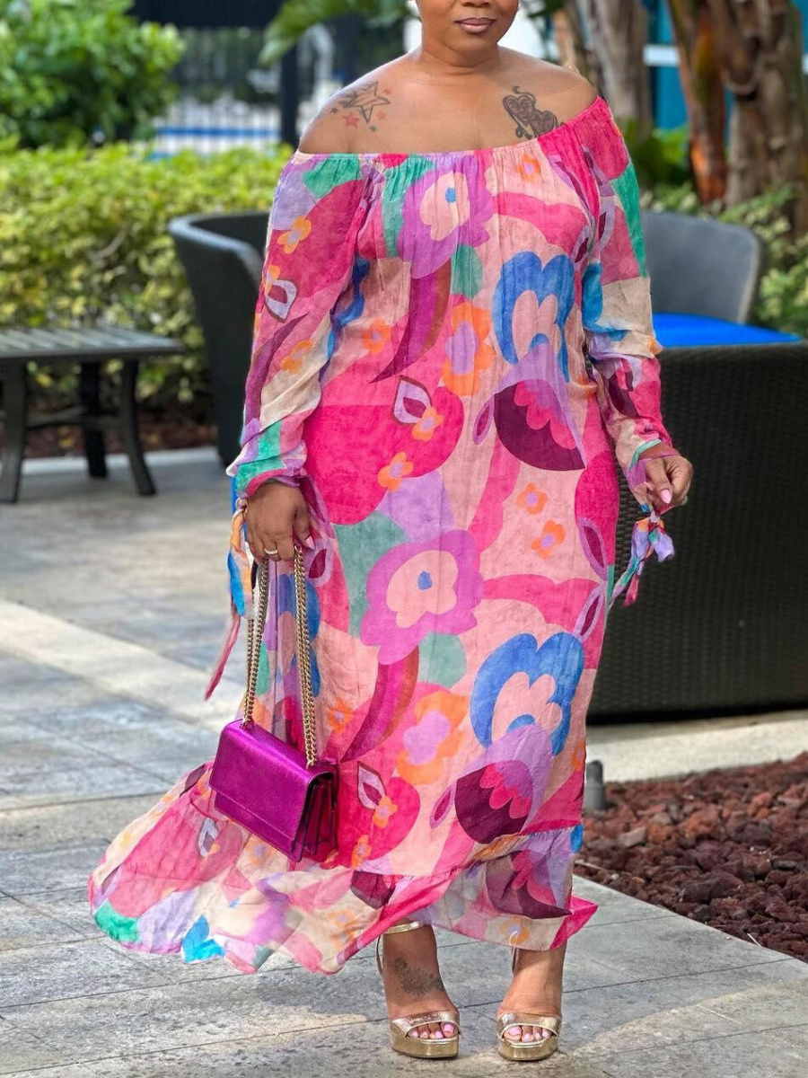 LW Plus Size Off The Shoulder Mixed Print Bandage Design Dress