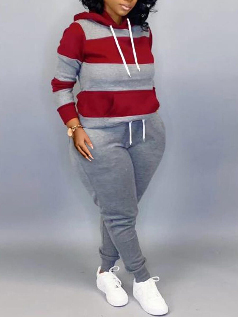 LovelyWholesale Plus Size Hooded Collar Striped Tracksuit Set Winter Long Sleeve Sporty Basic Conventional Collar  5X Spring Summer 2024