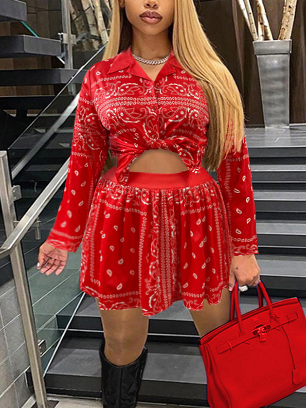 LW Plus Size Shirt Cashew Print A Line Skirt Set