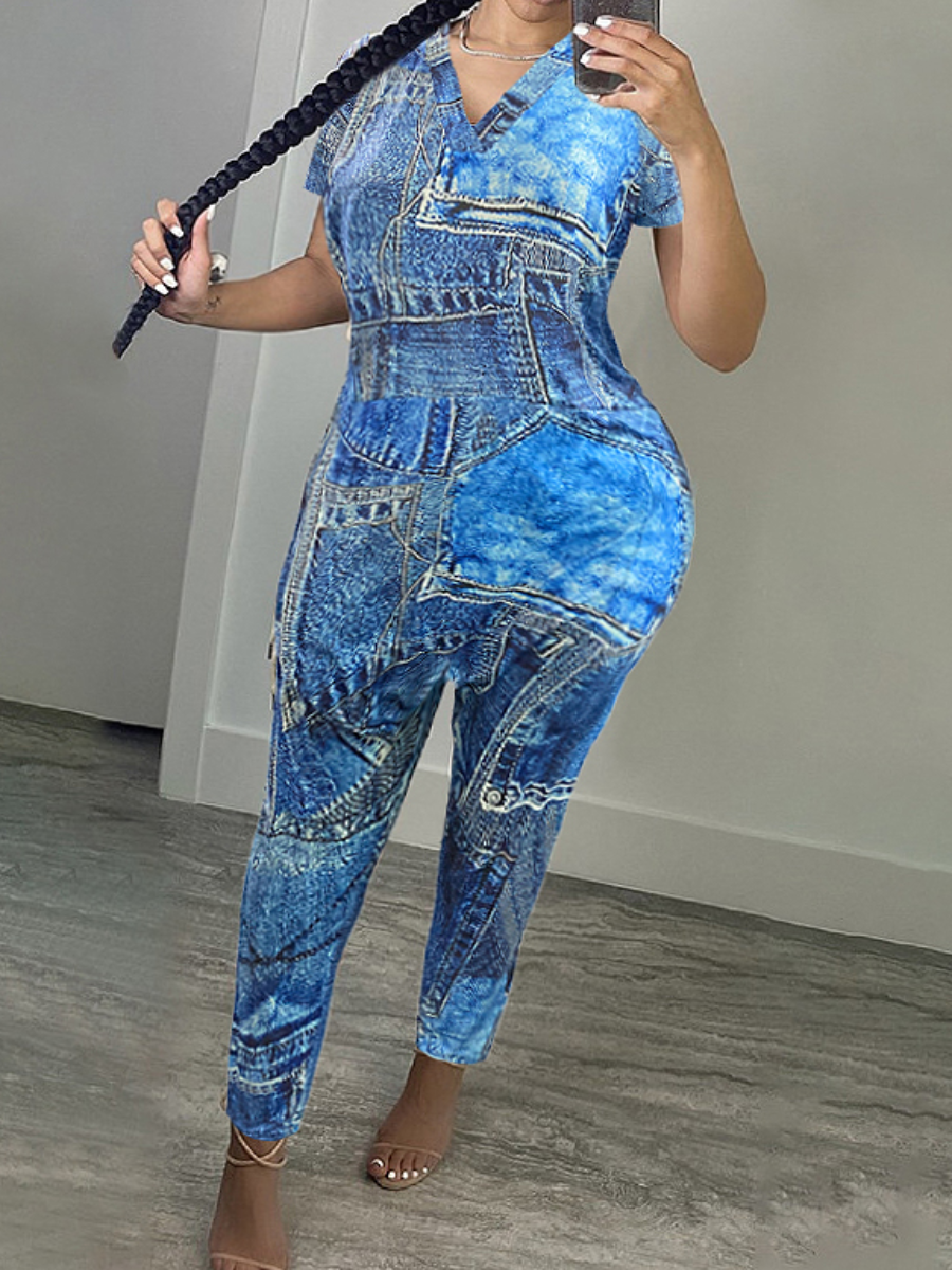 LW Plus Size Imitation Denim V Neck Pocket Design Jumpsuit