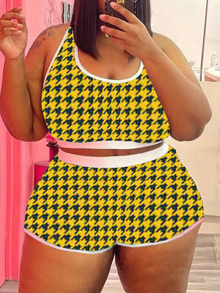 LW Plus Size Houndstooth Cami High Waist Shorts Set