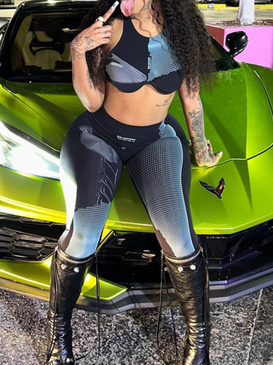 LovelyWholesale Crop Top Plaid Print Skinny Pants Set Spring Sleeveless Sporty Crop Top Round Neck Spring Summer 2024