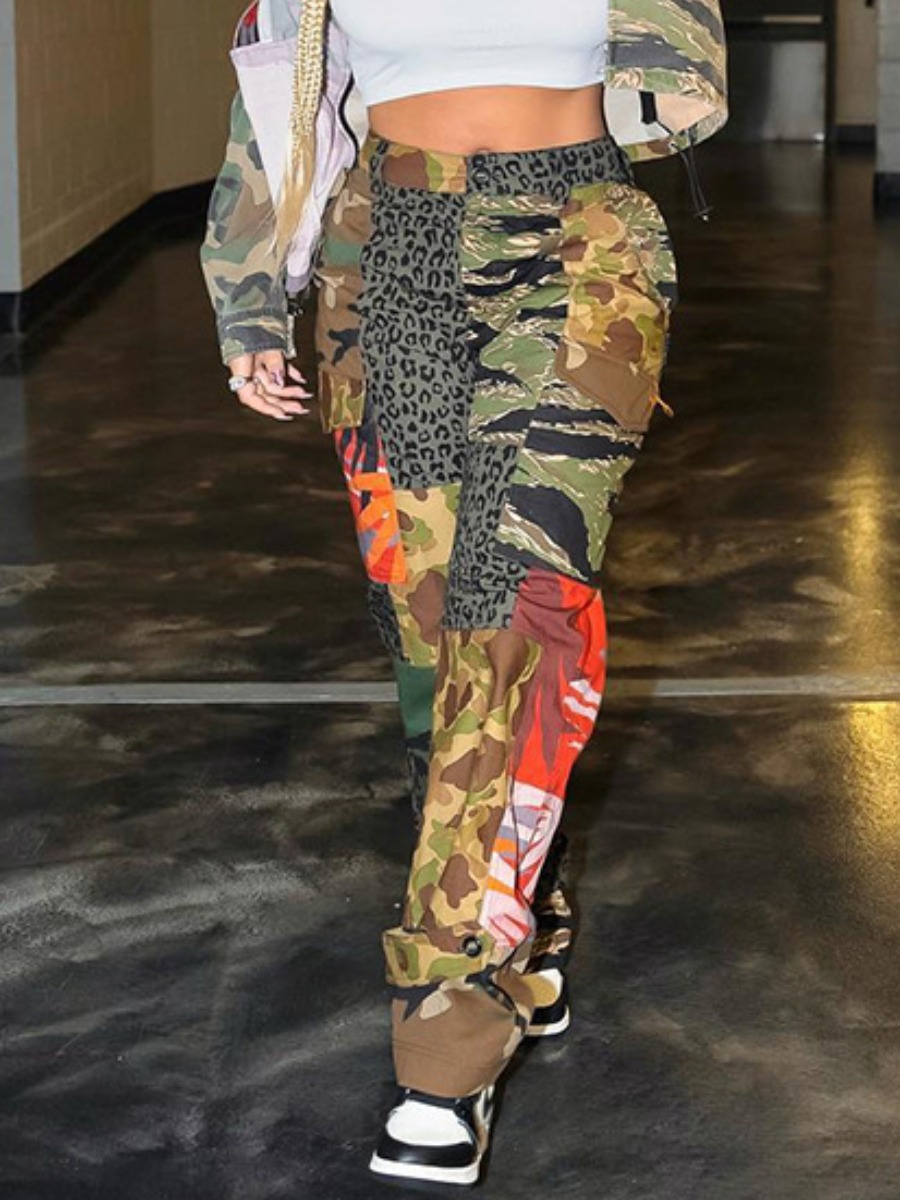 LW Camo Leopard Print Side Pocket Cargo Pants