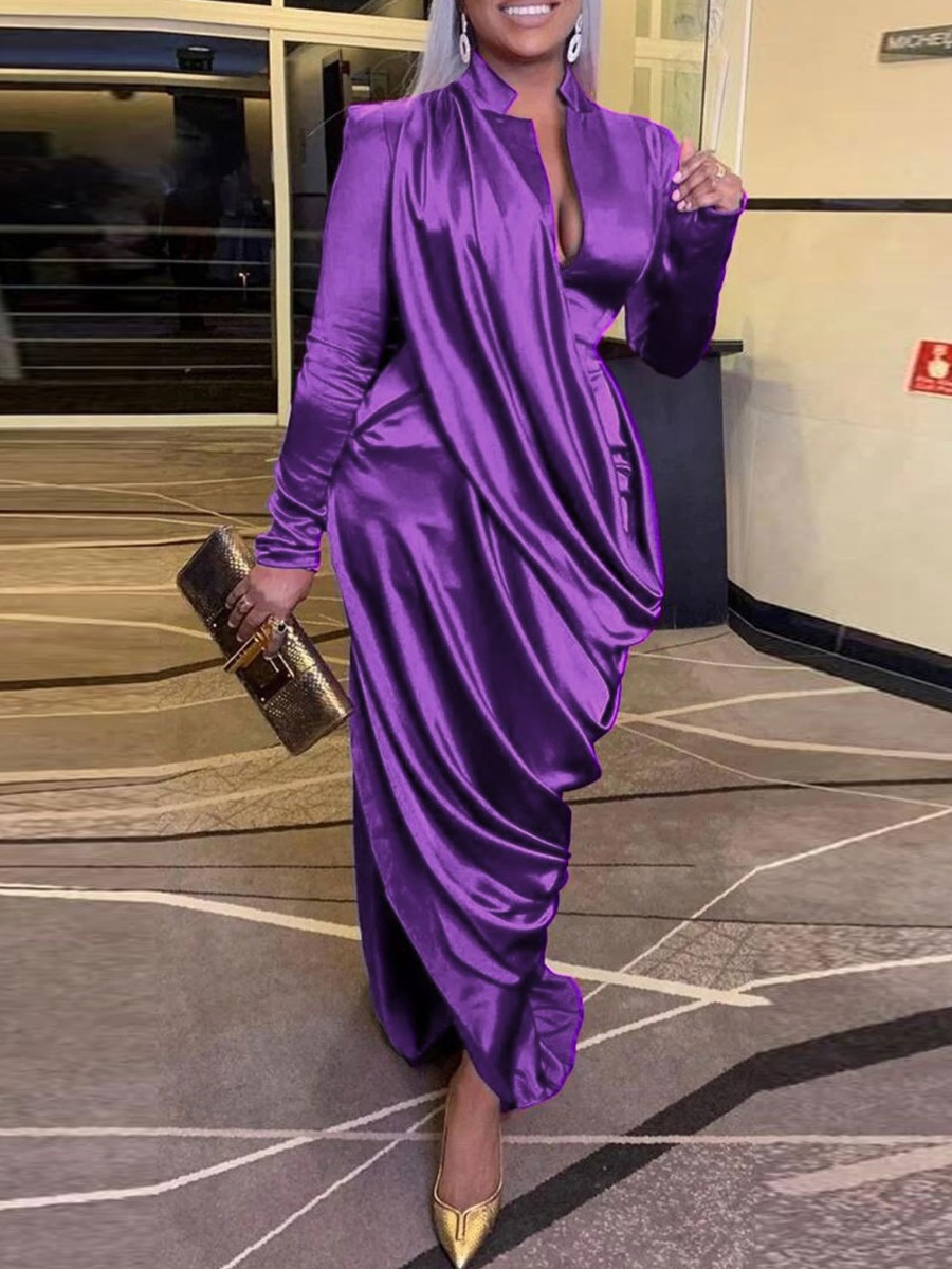 LovelyWholesale Plus Size V Neck Fold Design Loose Dress Fall Long Sleeve Elegant V Neck  3X Spring Summer 2024