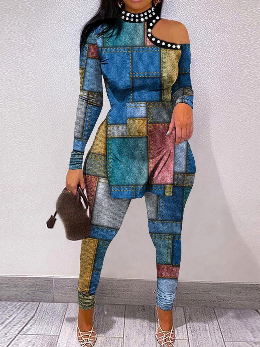LW Plus Size Turtleneck Geometric Print Cut Out Pants Set