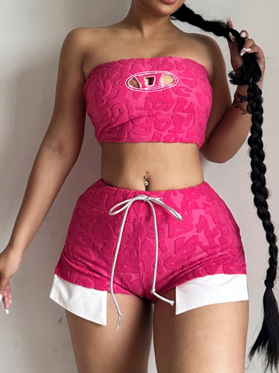 LW Off The Shoulder Embossed Letter Decor Drawstring Shorts Set