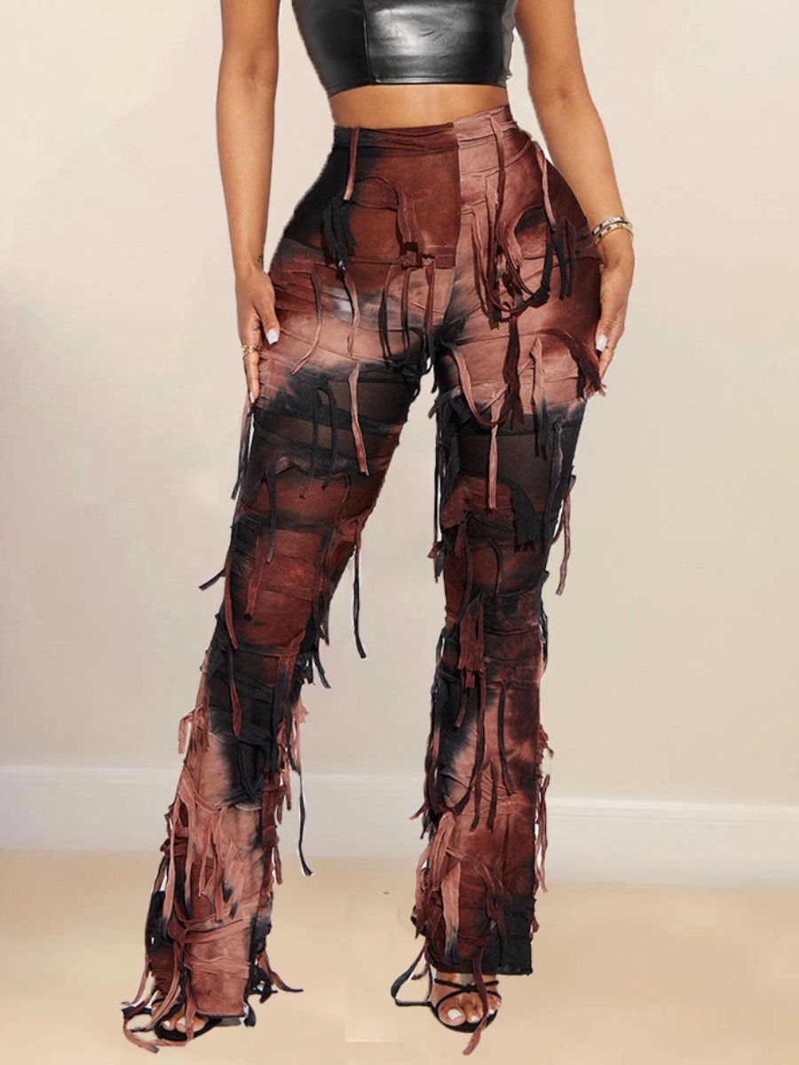 LovelyWholesale Tie Dye Tassel Design High Waist Pants Spring|Fall Nine Points Sleeve Casual Tassel Design Spring Summer 2024