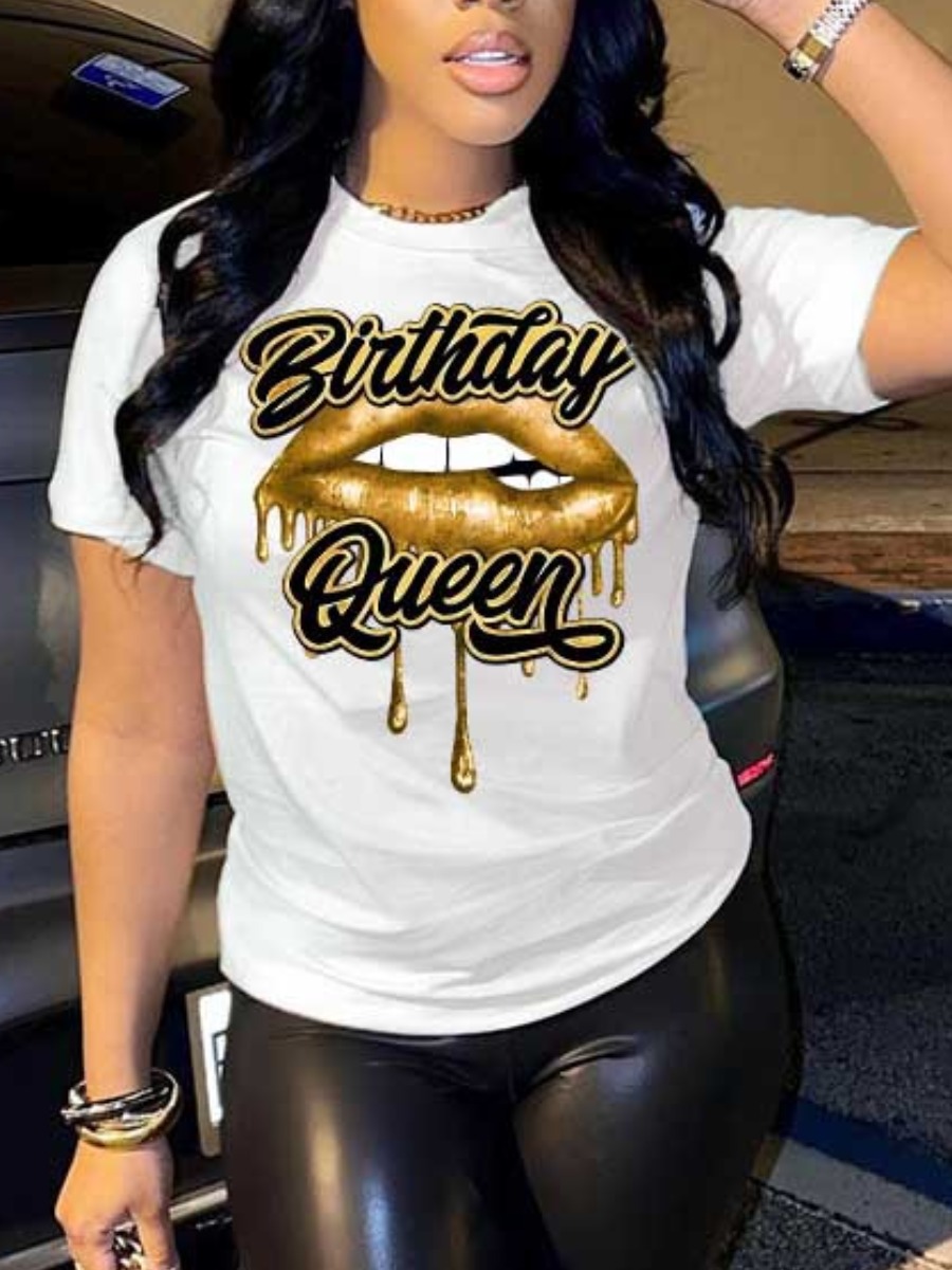 LovelyWholesale Plus Size Lip Queen Letter Print T-shirt Summer Short Sleeve Casual Pattern Round Neck  5X Spring Summer 2024