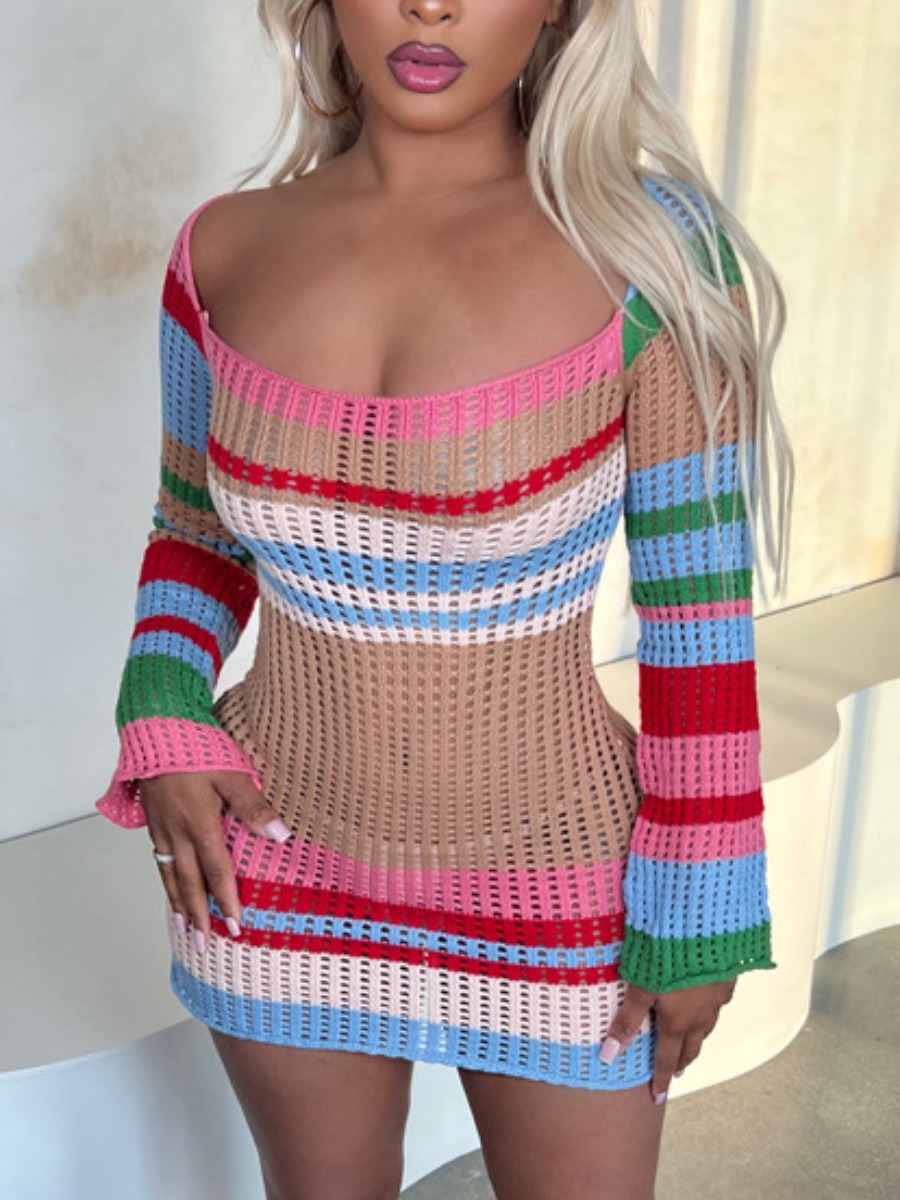 LovelyWholesale Handmade Off The Shoulder Mesh Striped Dress Fall Long Sleeve Sweet See Through Square Collar Spring Summer 2024