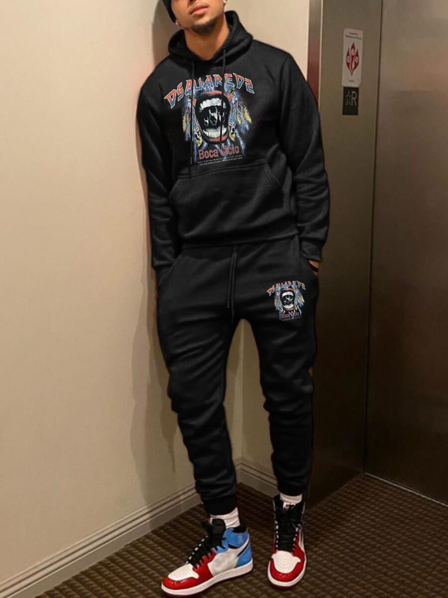 LW Men Skull Head Letter Print Kangaroo Pocket Tracksuit Set
