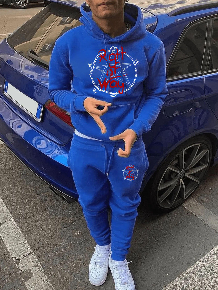 LW Men Geometric Letter Print Kangaroo Pocket Tracksuit Set