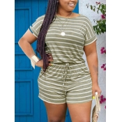 LW Plus Size Casual Striped Green Two-piece Shorts